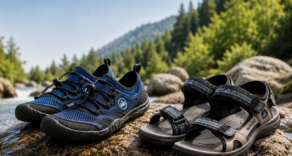 Northside water shoes and sandals on a riverbank